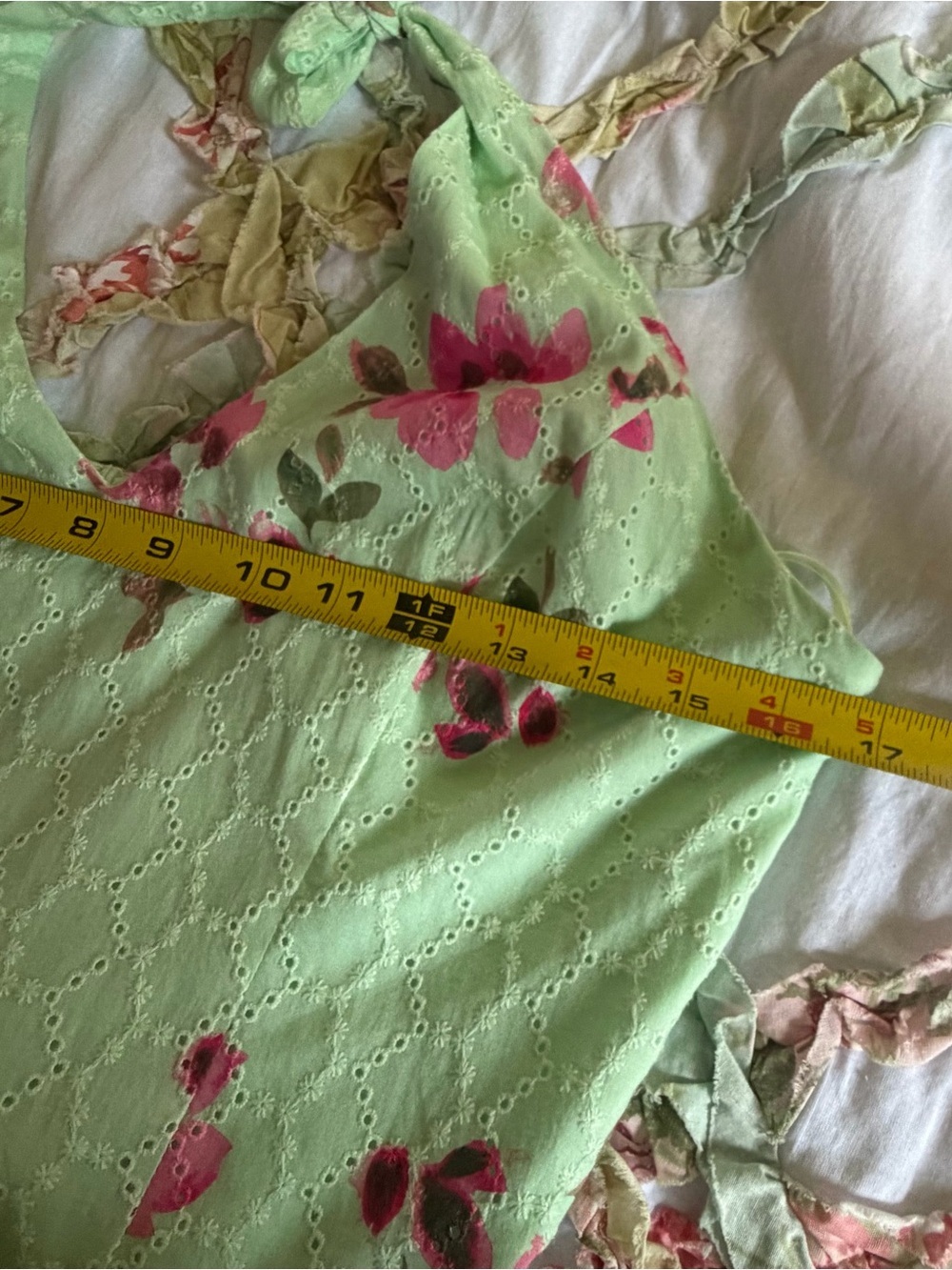 Halter Floral cotton eyelet wedding guest Tea Dress in Mint Green - Picture 6 of 8